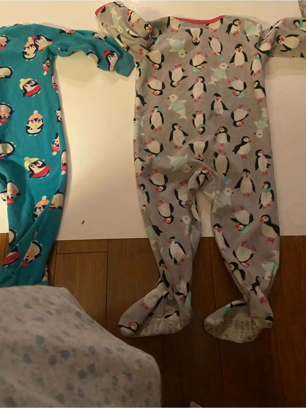 Kids Penguin Print Footed One-Piece Pajamas - 1 Gray/1 Green with penguins.